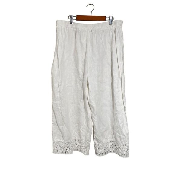 Michael Kors Linen Wide Leg Pants Women’s XL Stretch Waist Lace Trim Ankle White - Picture 1 of 6